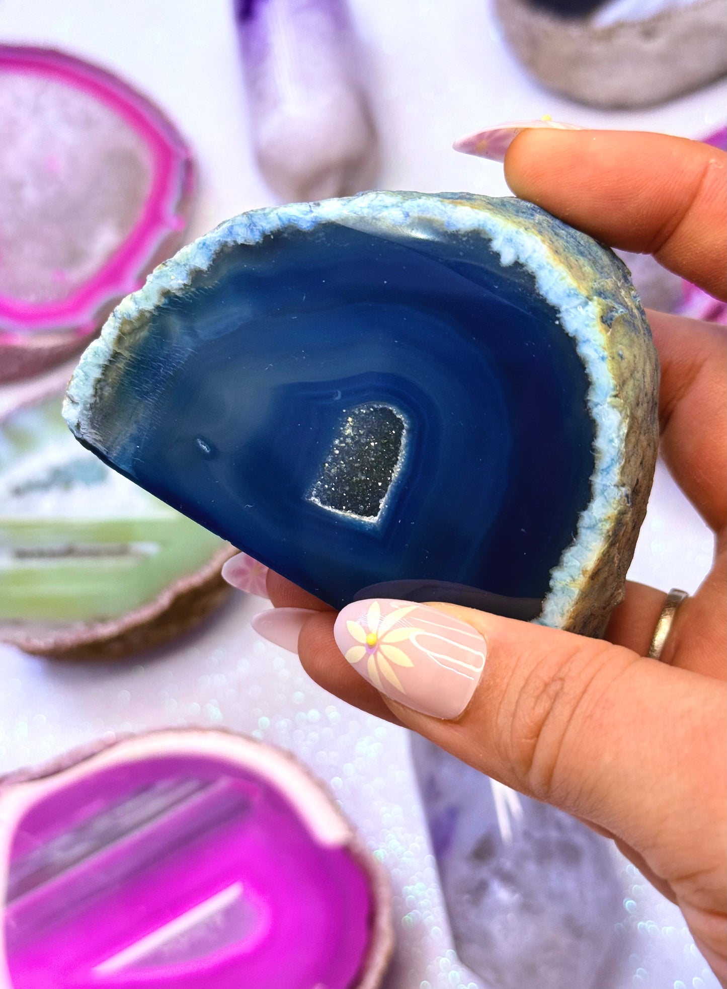 Blue Australian Agate Druzy Dyed Basecut Freeform Standing Tower Natural Dyed Crystal ‘Bobbie’ 230g