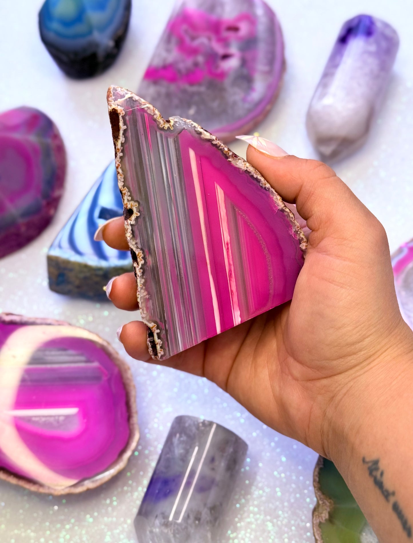 Pink Agate Basecut Freeform Standing Tower Dyed Crystal ‘Penelope’ 418g