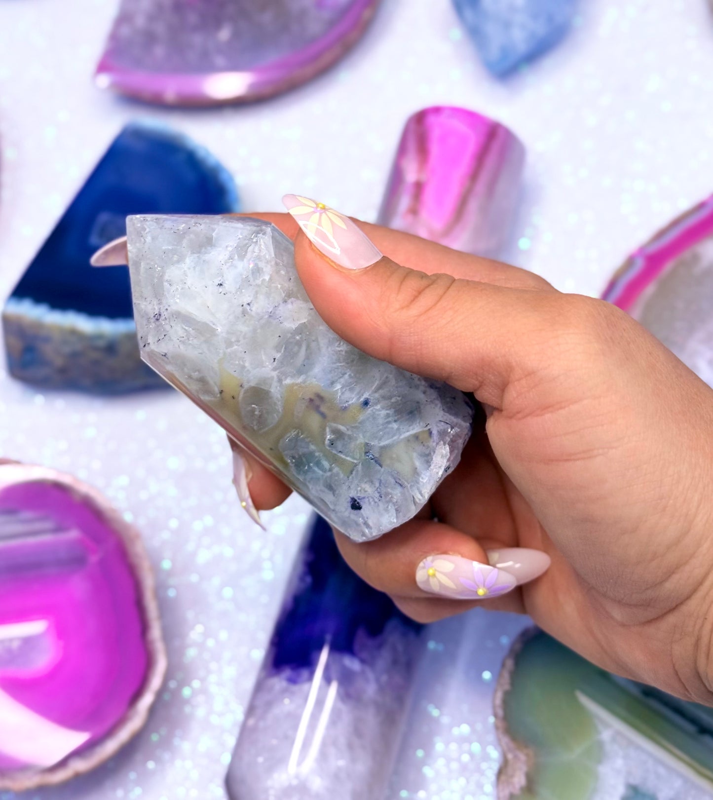Purple and Yellow Agate Point Tower Generator Natural Dyed Crystal ‘Patience’ 187g