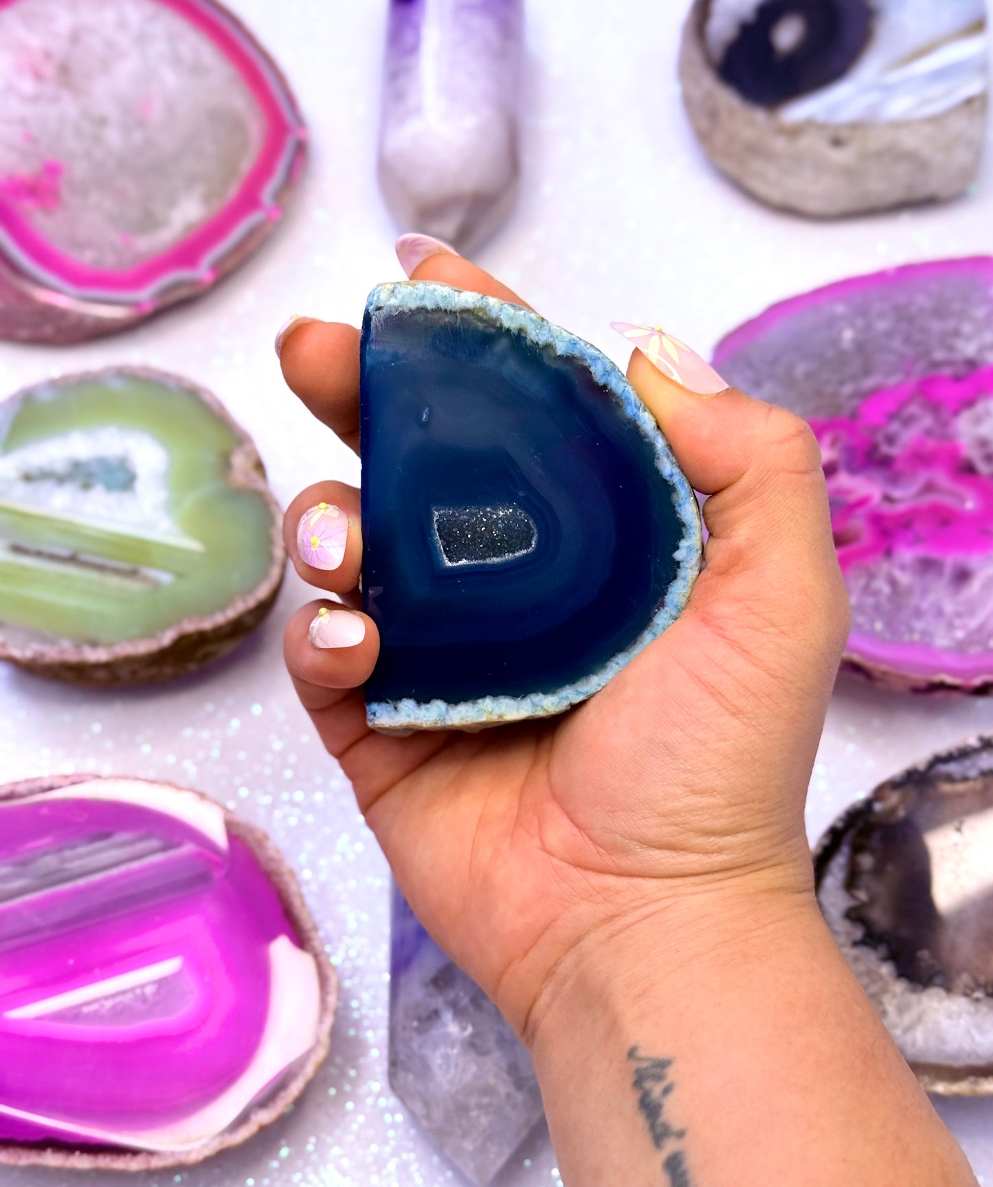 Blue Australian Agate Druzy Dyed Basecut Freeform Standing Tower Natural Dyed Crystal ‘Bobbie’ 230g