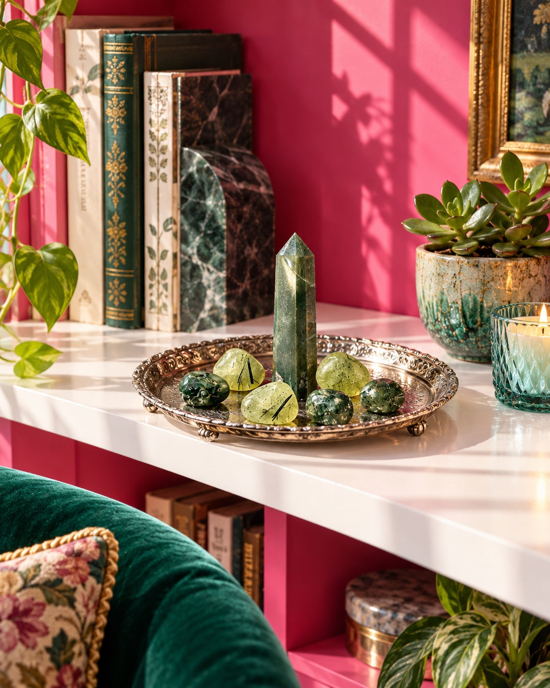 Green crystals on an ornate tray against a pink wall.