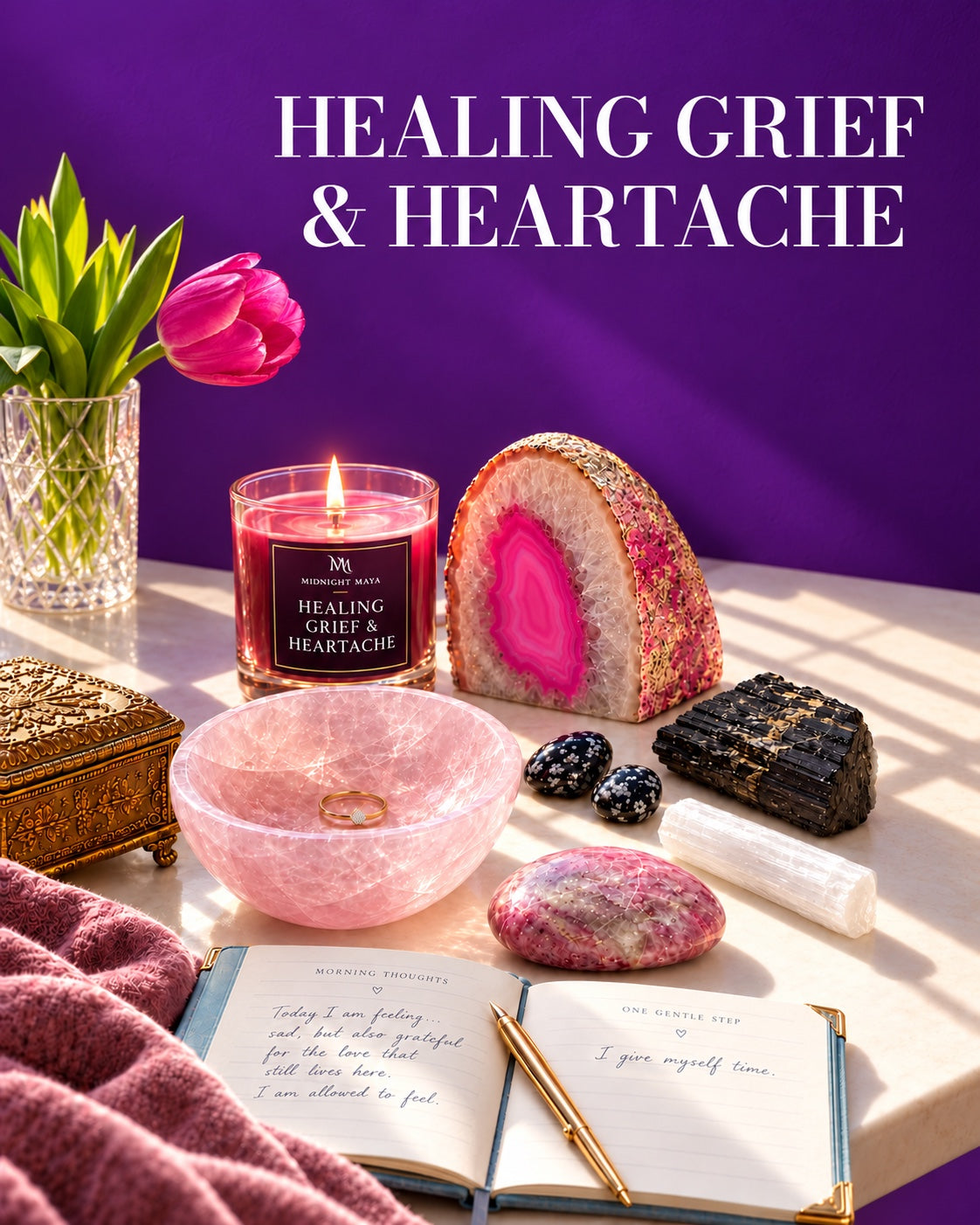 Healing Grief & Heartache crystal collection with pink crystals, a ring bowl and a reflective journal.
