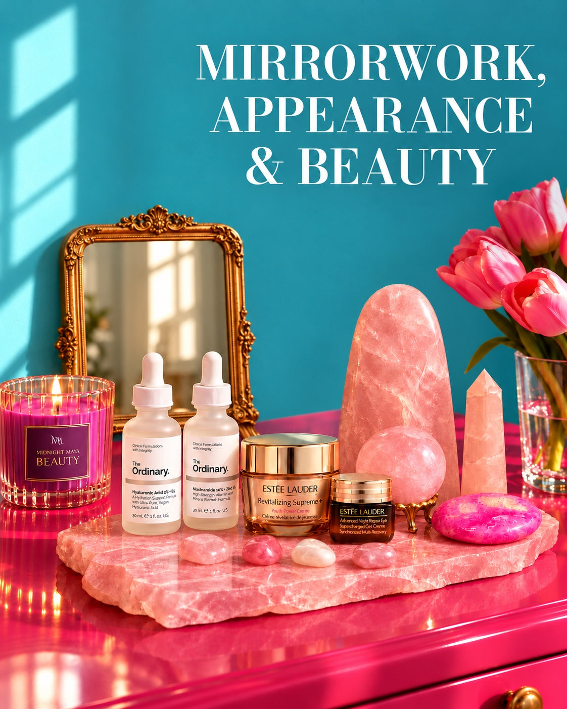 Mirrorwork, Appearance & Beauty: pink crystals, skincare and a gold-framed vanity mirror.