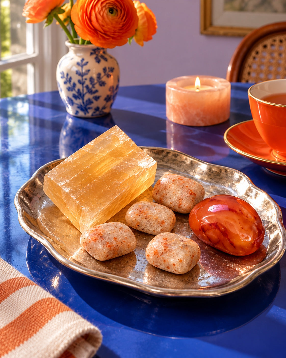 Orange and peach crystals arranged on a silver tray.