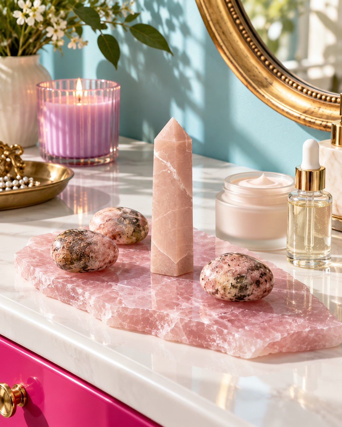 Pink crystals styled on a vanity with skincare.
