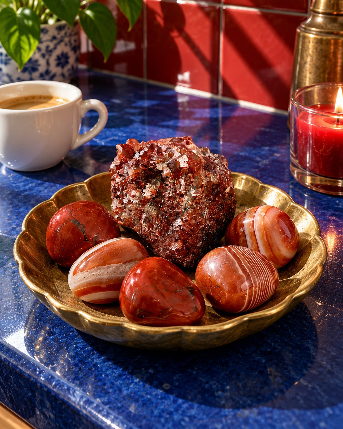 Red crystals arranged on a gold tray beside a coffee cup.