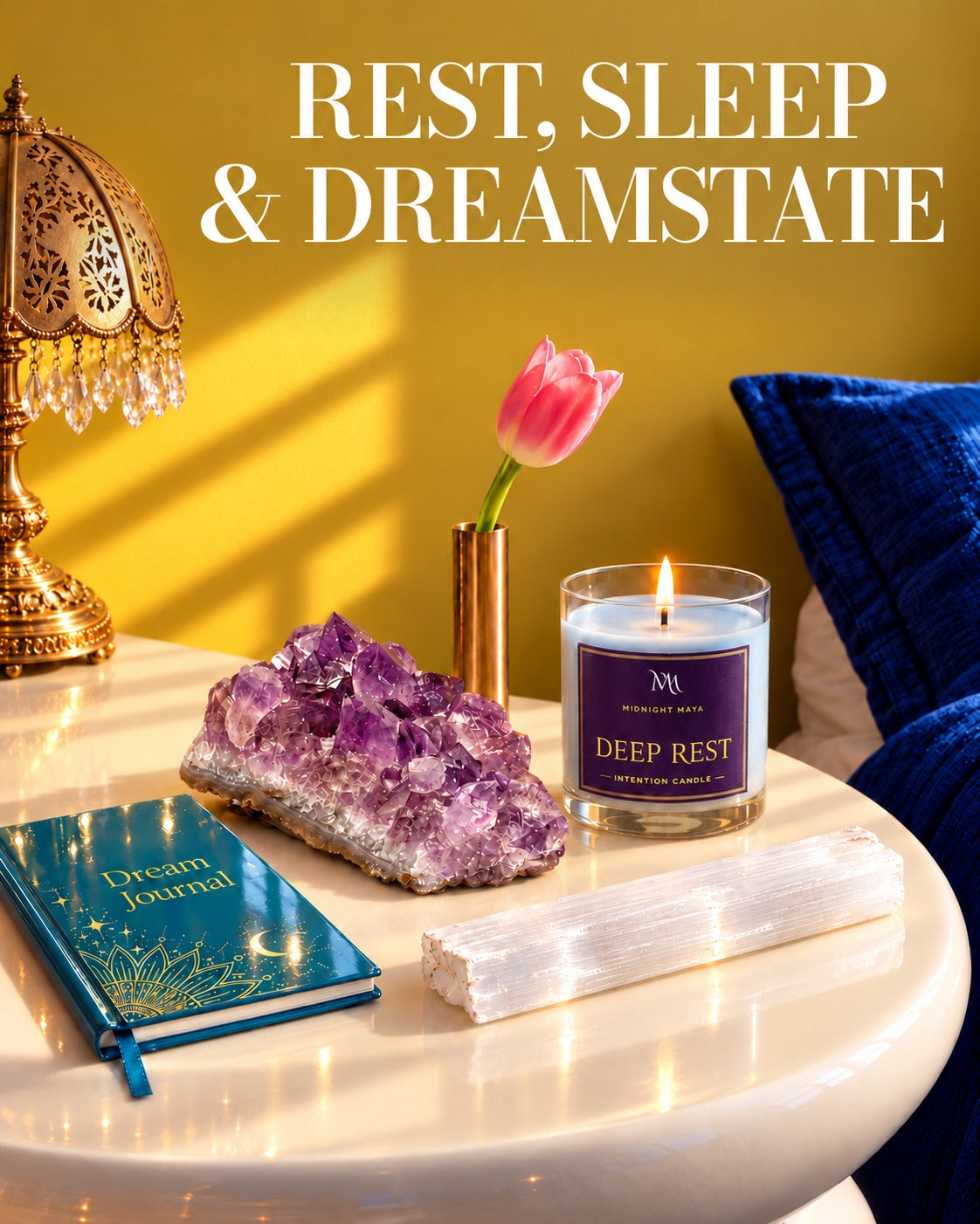 Rest, Sleep & Dreamstate: amethyst and selenite beside a Deep Rest candle and dream journal.