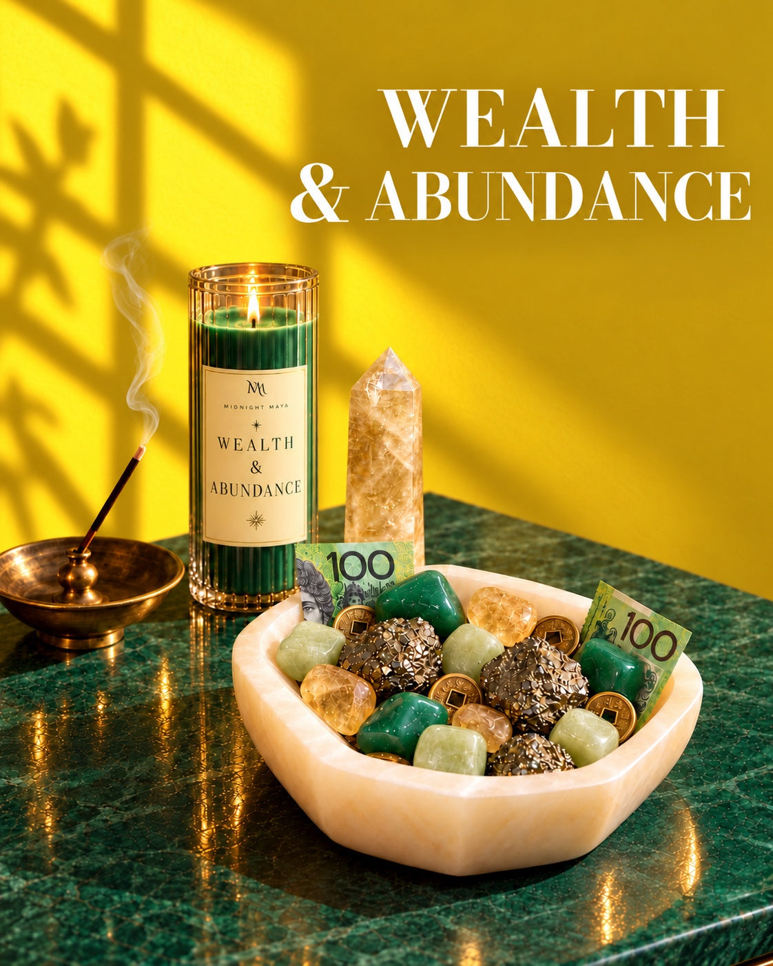 Wealth & Abundance: a crystal-filled money bowl on a green surface with a yellow background.