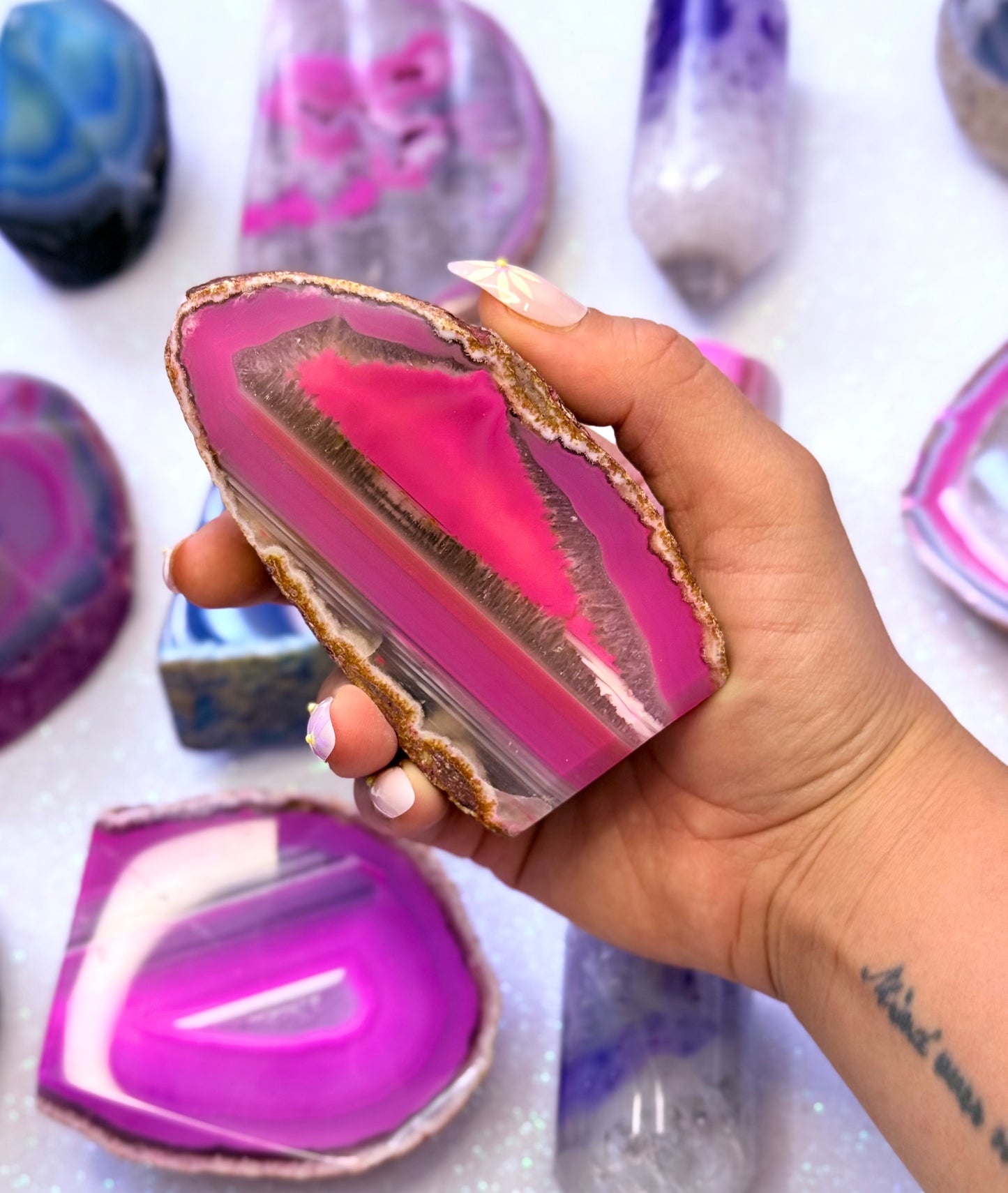 Pink Agate Basecut Freeform Standing Tower Dyed Crystal ‘Paisley’ 396g