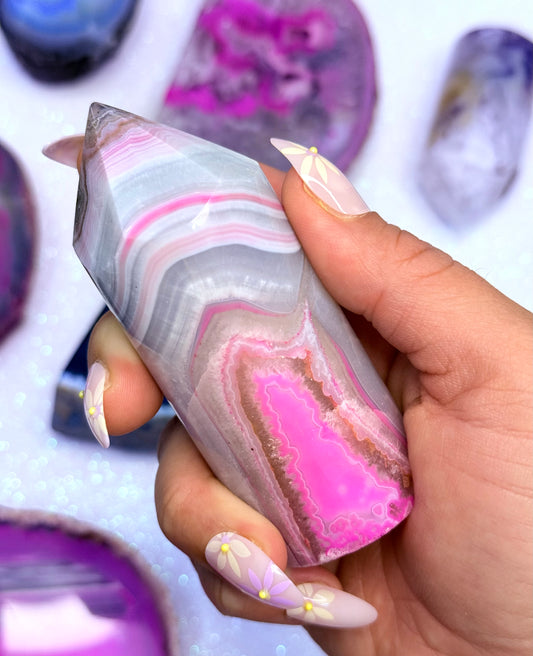 Pink Agate Point Tower Generator Natural Dyed Crystal ‘Piper’ 218g