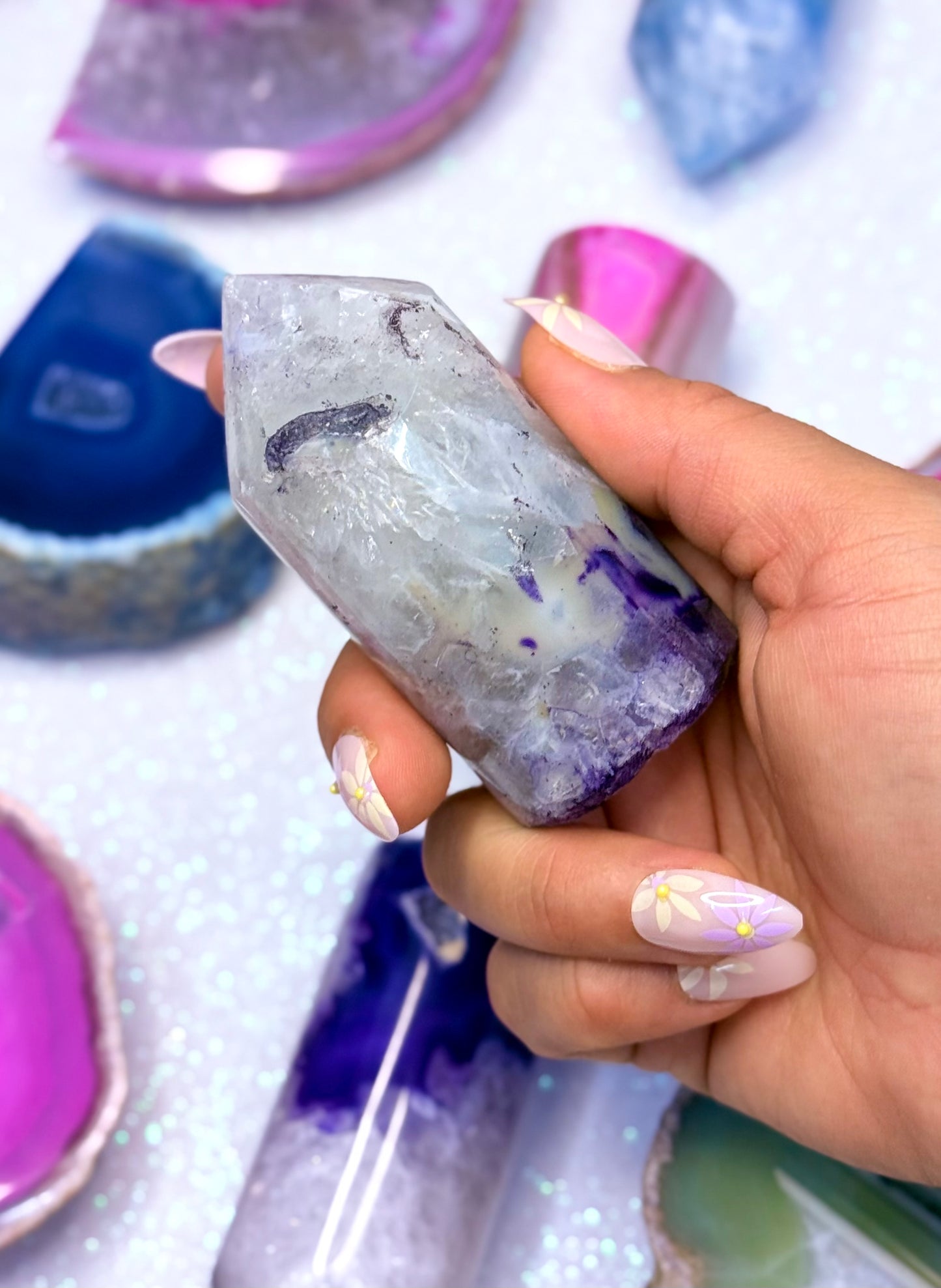 Purple and Yellow Agate Point Tower Generator Natural Dyed Crystal ‘Patience’ 187g