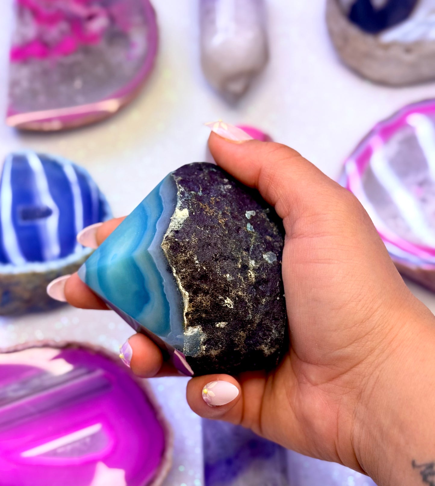 Blue Agate Point Basecut Freeform Generator Tower Dyed Natural Crystal 'Bella' 318g