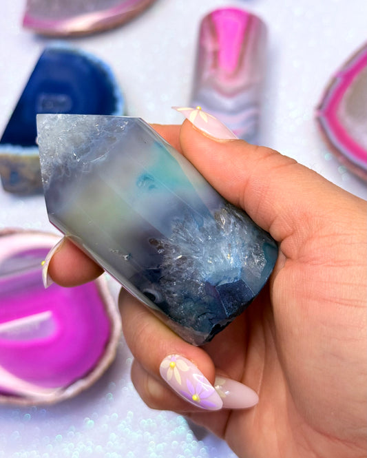 Blue and Yellow Agate Point Tower Generator Natural Dyed Crystal ‘Braxton’ 171g