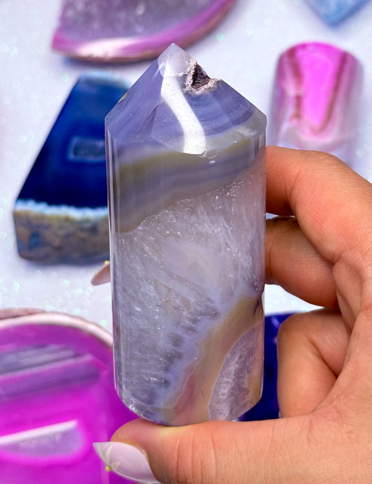 Blue and Yellow Agate Point Tower Generator Natural Dyed Crystal ‘Blair’ 215g