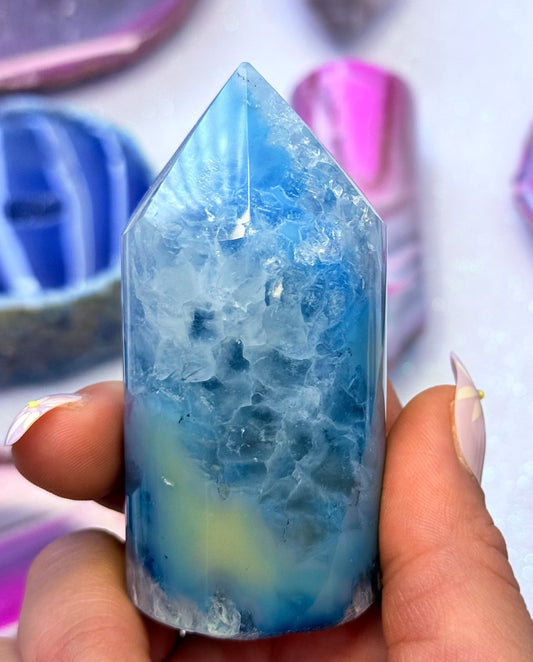Blue and Yellow Agate Point Tower Generator Natural Dyed Crystal ‘Billie’ 177g