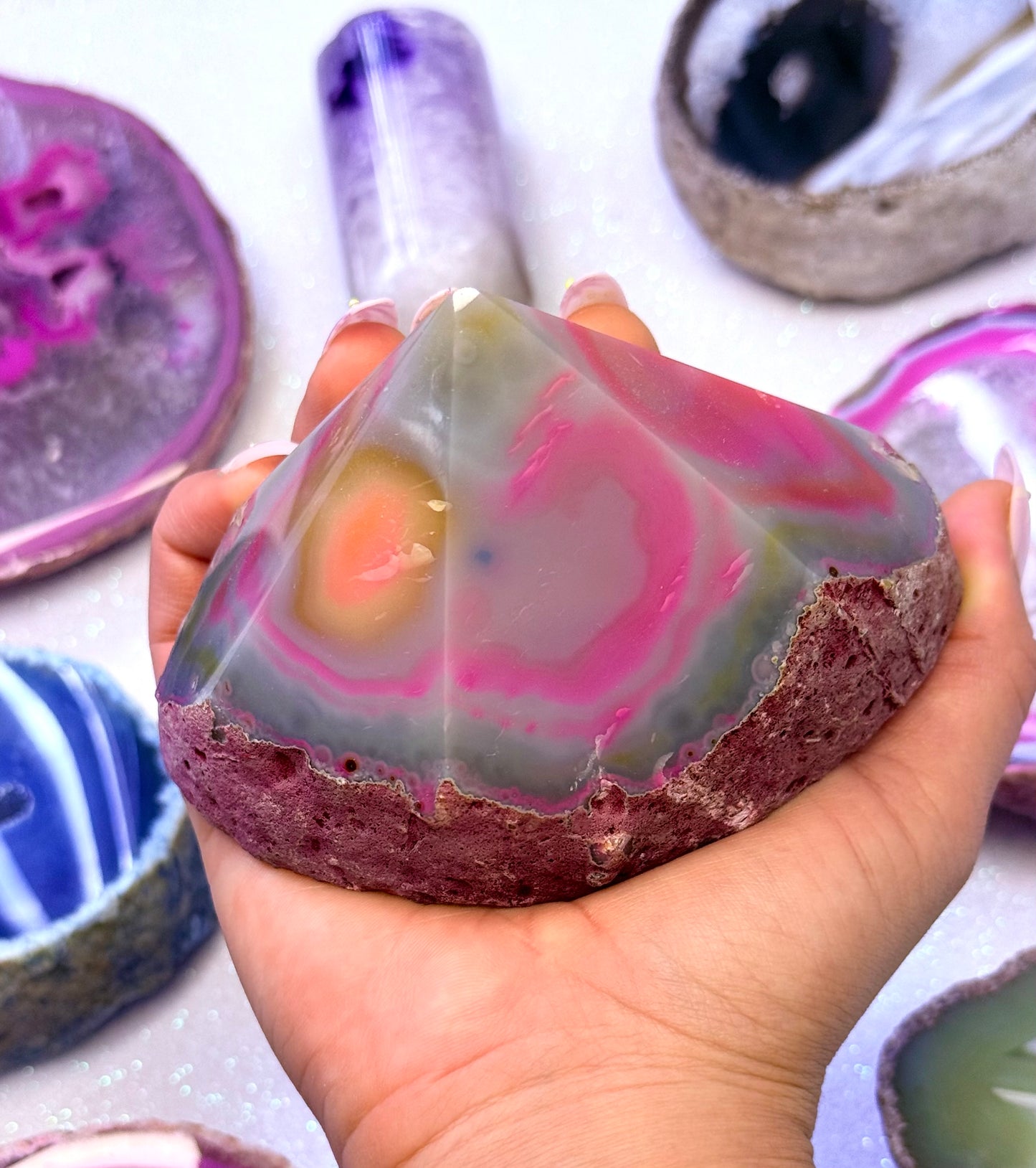 Pink Agate Basecut Freeform Standing Generator Tower Dyed Crystal ‘Paris’ 486g