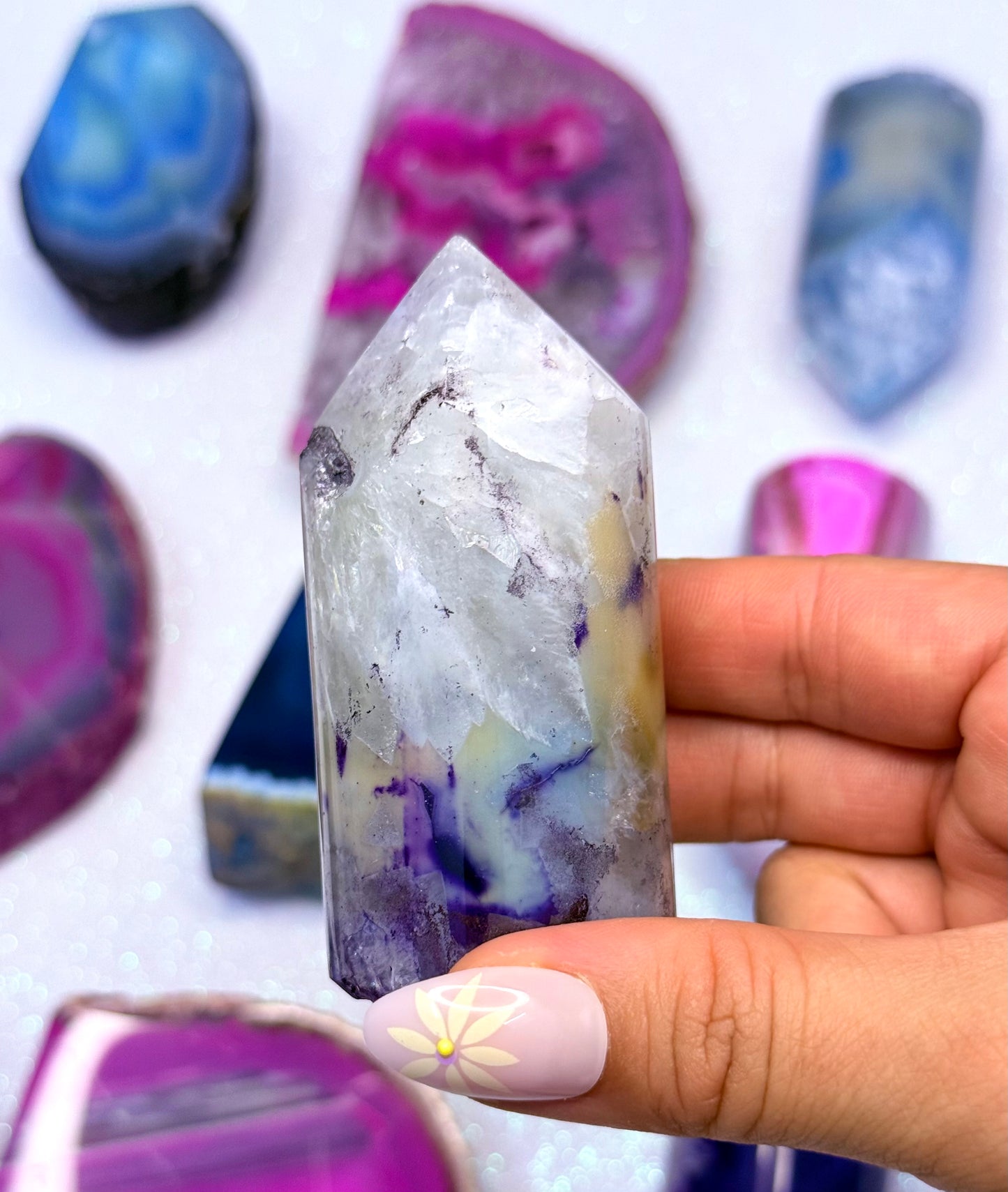 Purple and Yellow Agate Point Tower Generator Natural Dyed Crystal ‘Patience’ 187g