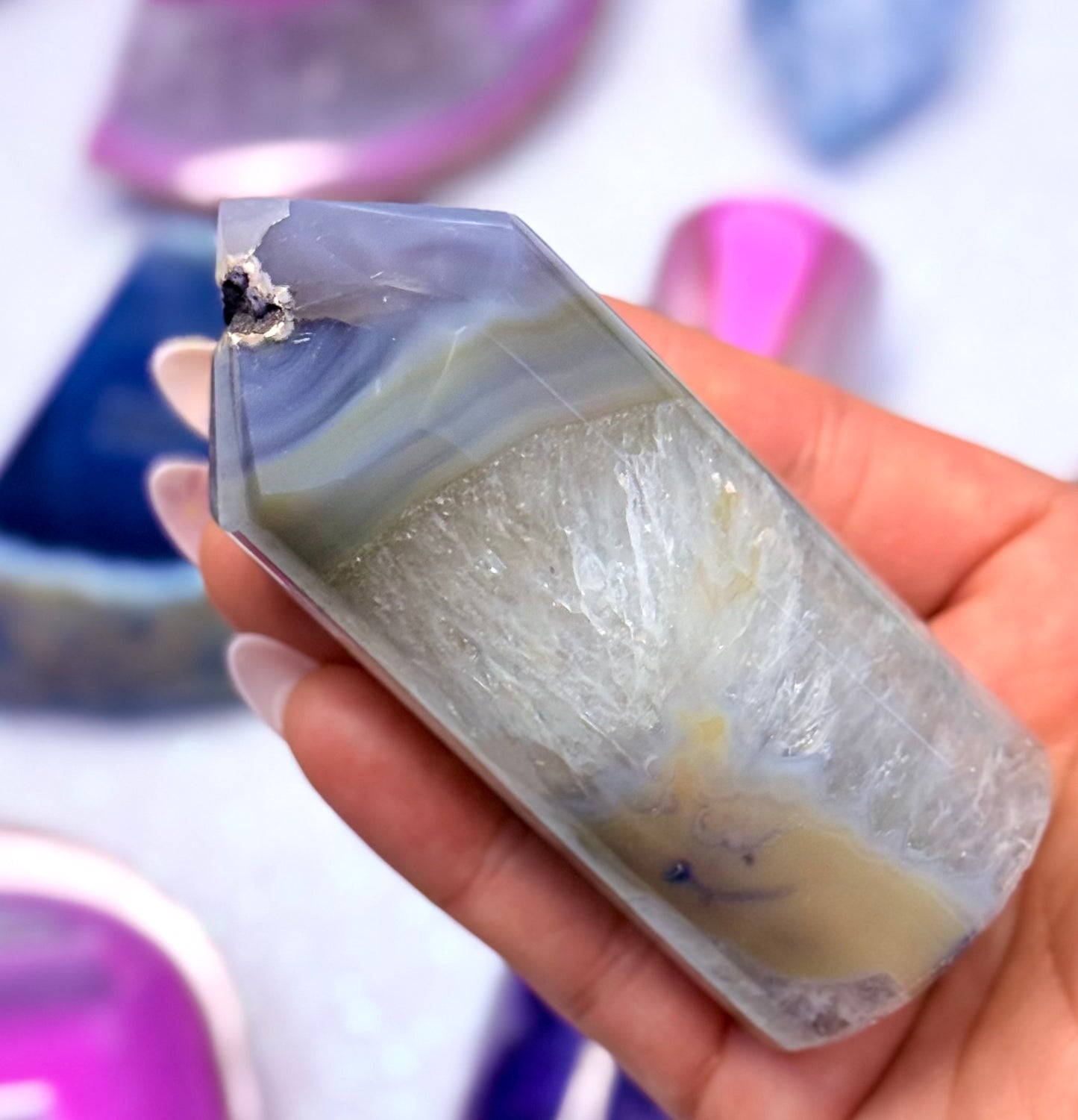 Blue and Yellow Agate Point Tower Generator Natural Dyed Crystal ‘Blair’ 215g