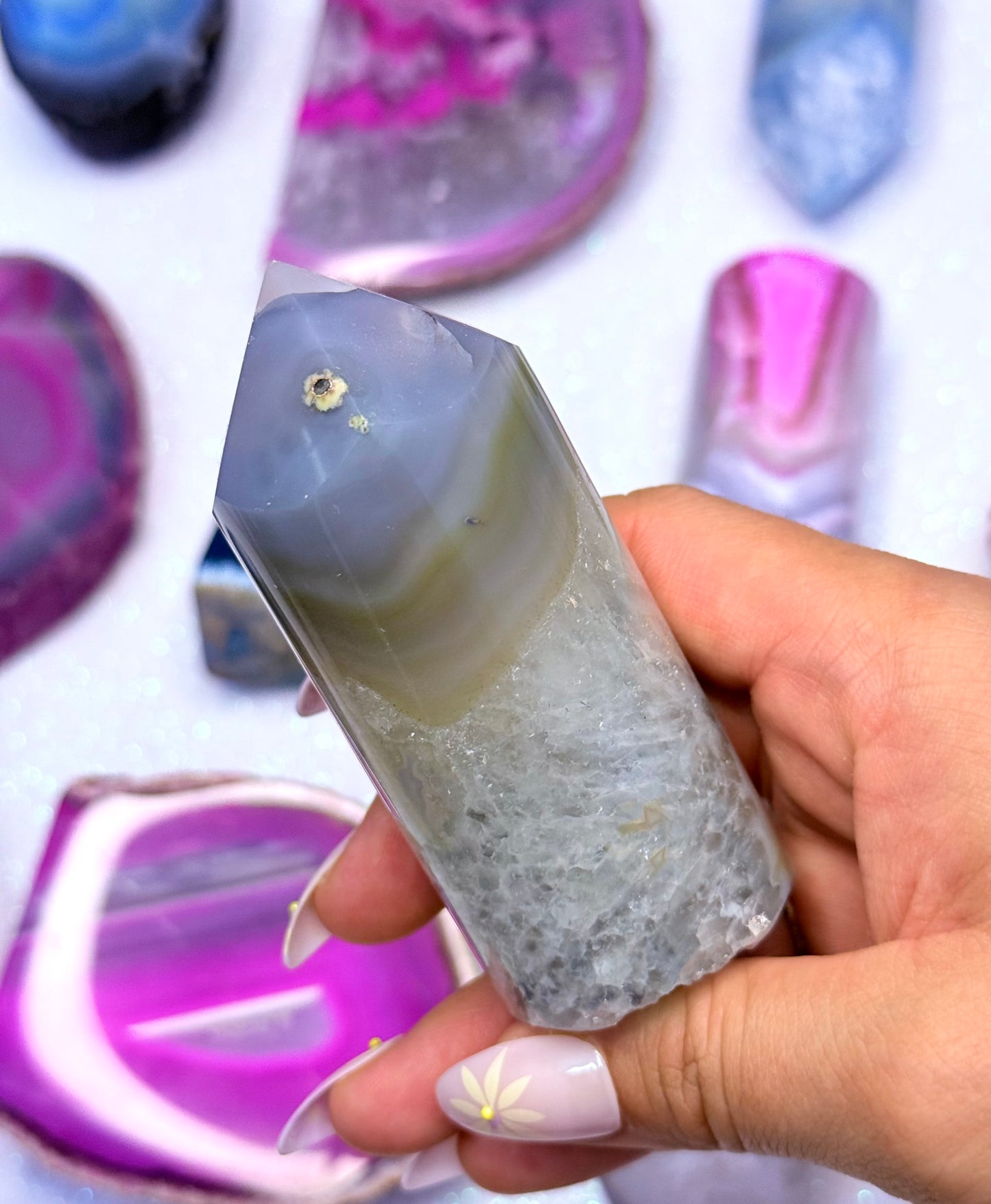 Blue and Yellow Agate Point Tower Generator Natural Dyed Crystal ‘Blair’ 215g