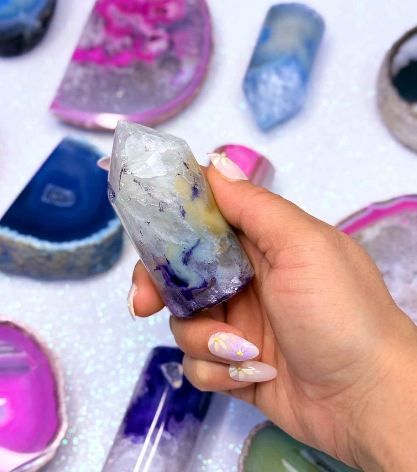 Purple and Yellow Agate Point Tower Generator Natural Dyed Crystal ‘Patience’ 187g