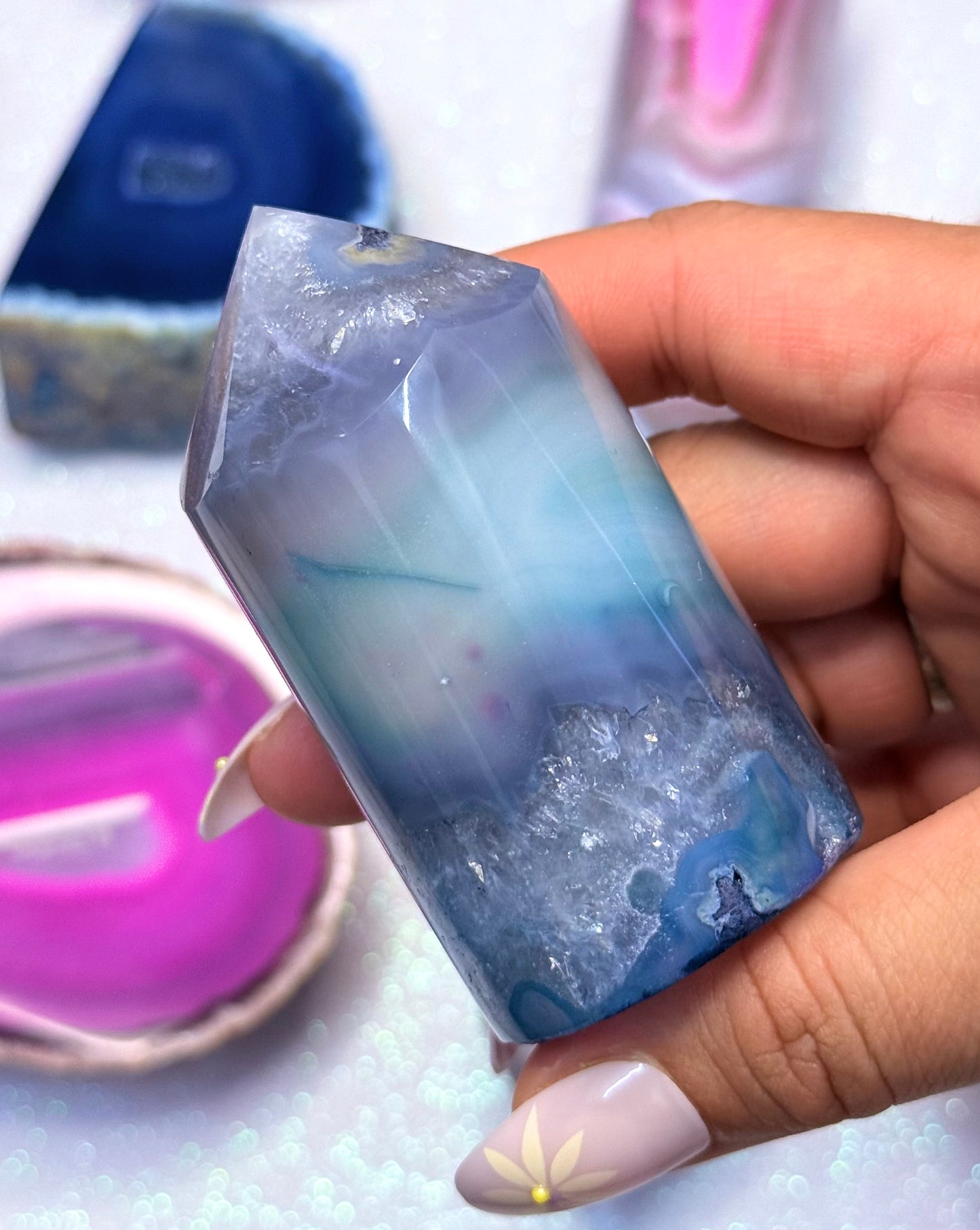 Blue and Yellow Agate Point Tower Generator Natural Dyed Crystal ‘Braxton’ 171g