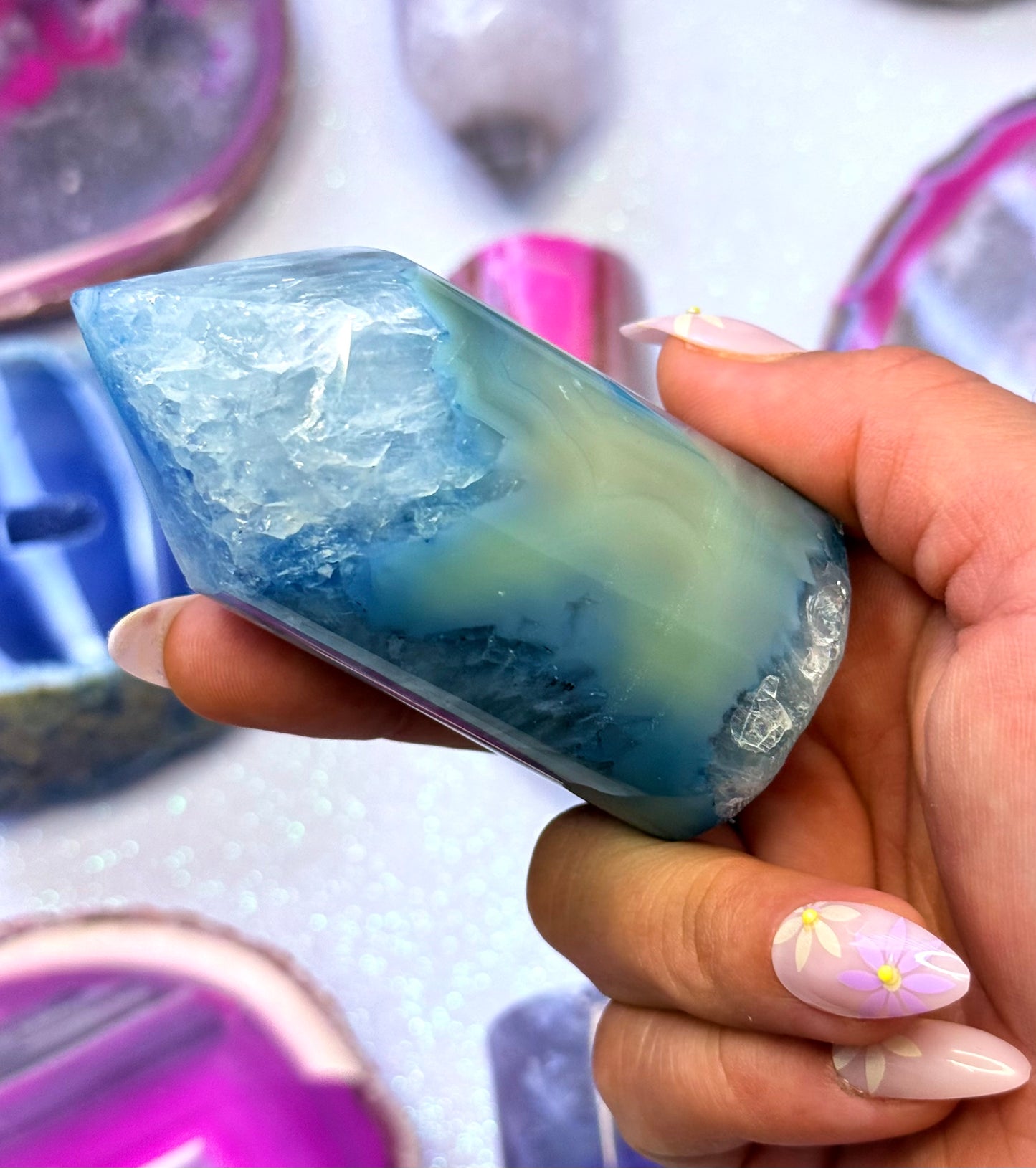 Blue and Yellow Agate Point Tower Generator Natural Dyed Crystal ‘Billie’ 177g