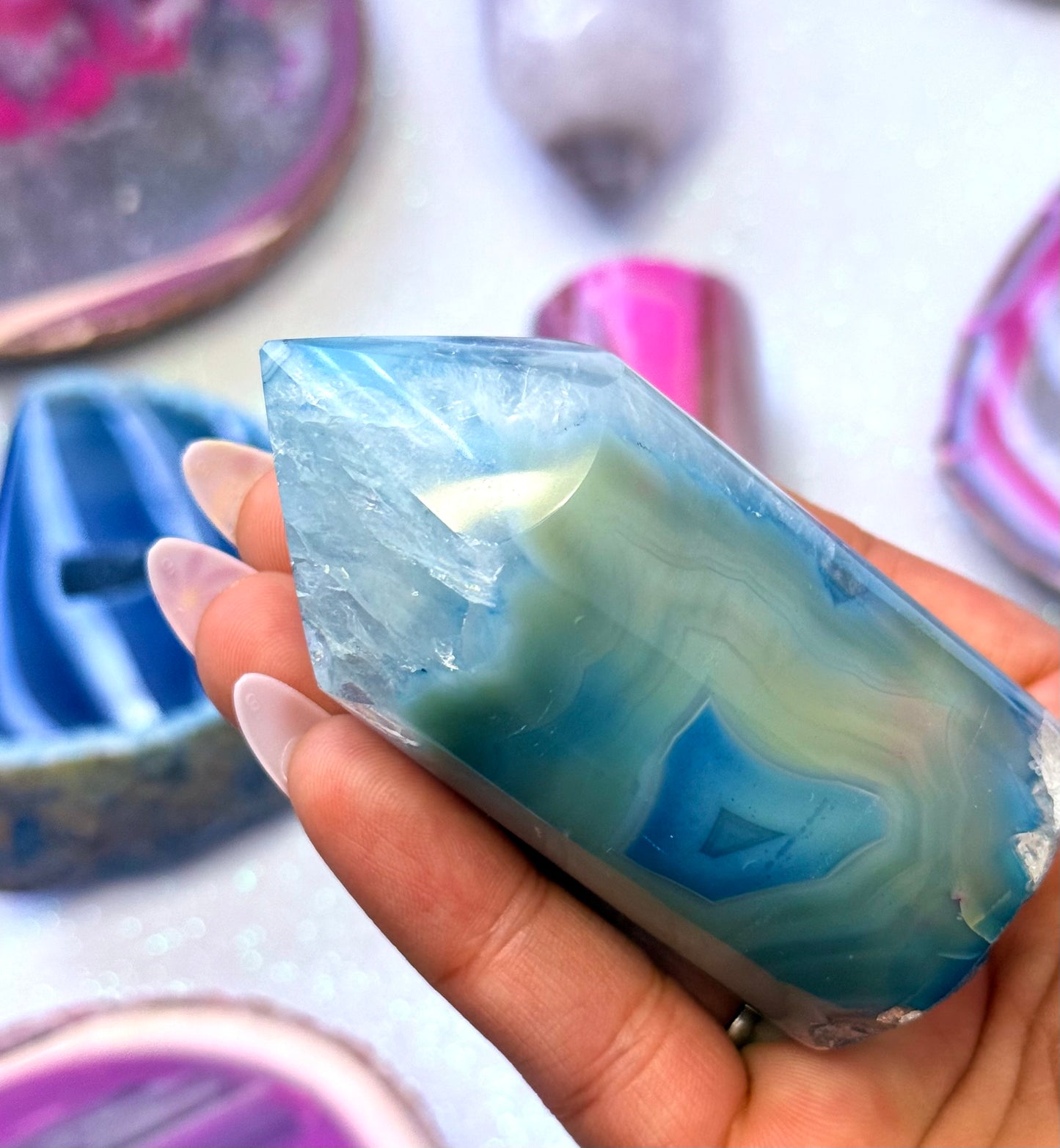 Blue and Yellow Agate Point Tower Generator Natural Dyed Crystal ‘Billie’ 177g