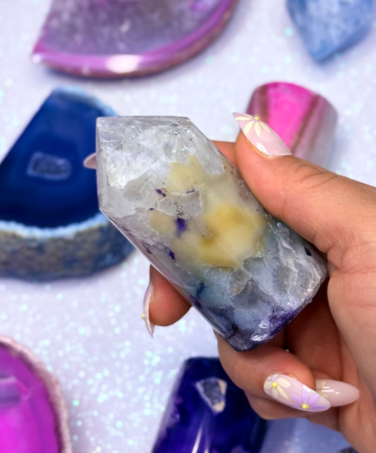 Purple and Yellow Agate Point Tower Generator Natural Dyed Crystal ‘Patience’ 187g