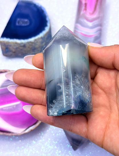 Blue and Yellow Agate Point Tower Generator Natural Dyed Crystal ‘Braxton’ 171g