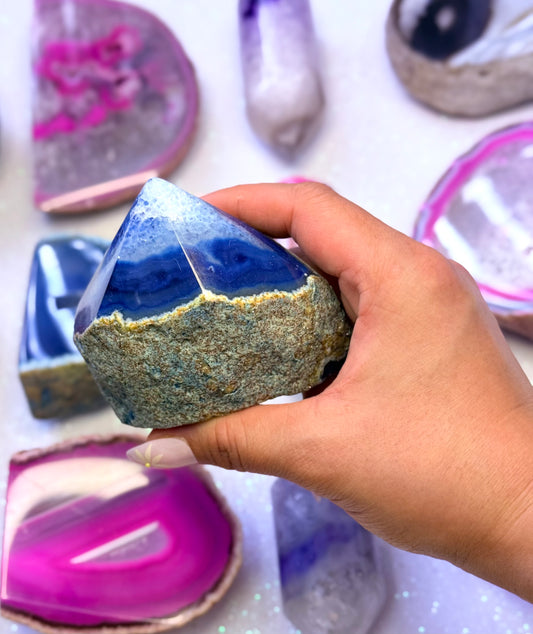 Blue Agate Point Basecut Freeform Generator Tower Dyed Natural Crystal ‘Byron’ 253g