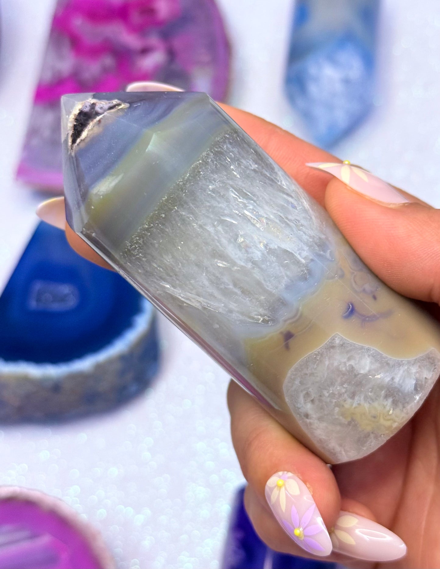 Blue and Yellow Agate Point Tower Generator Natural Dyed Crystal ‘Blair’ 215g