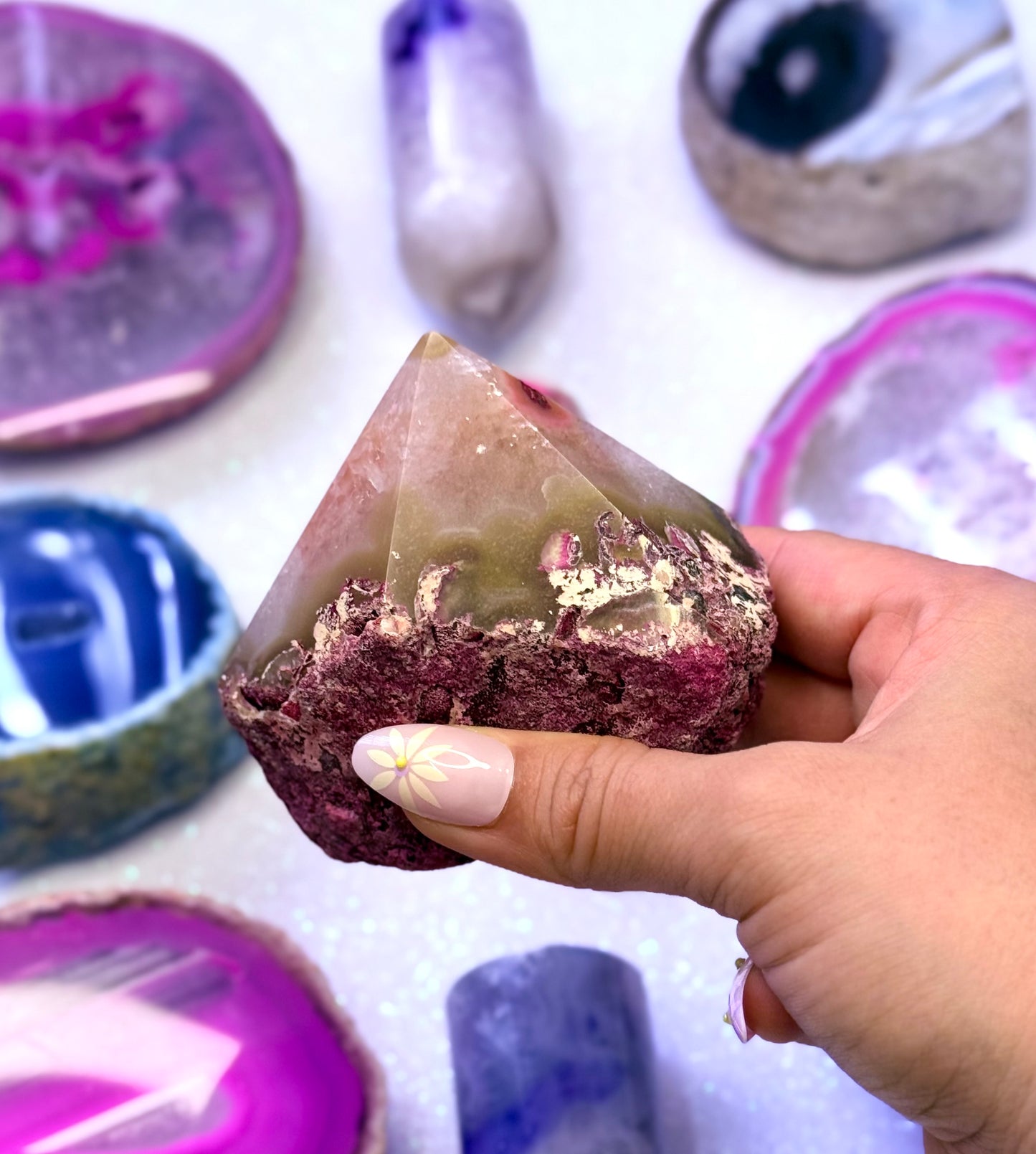 Pink Agate Basecut Freeform Standing Generator Tower Dyed Crystal ‘Phoenix’ 314g