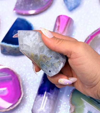 Purple and Yellow Agate Point Tower Generator Natural Dyed Crystal ‘Patience’ 187g