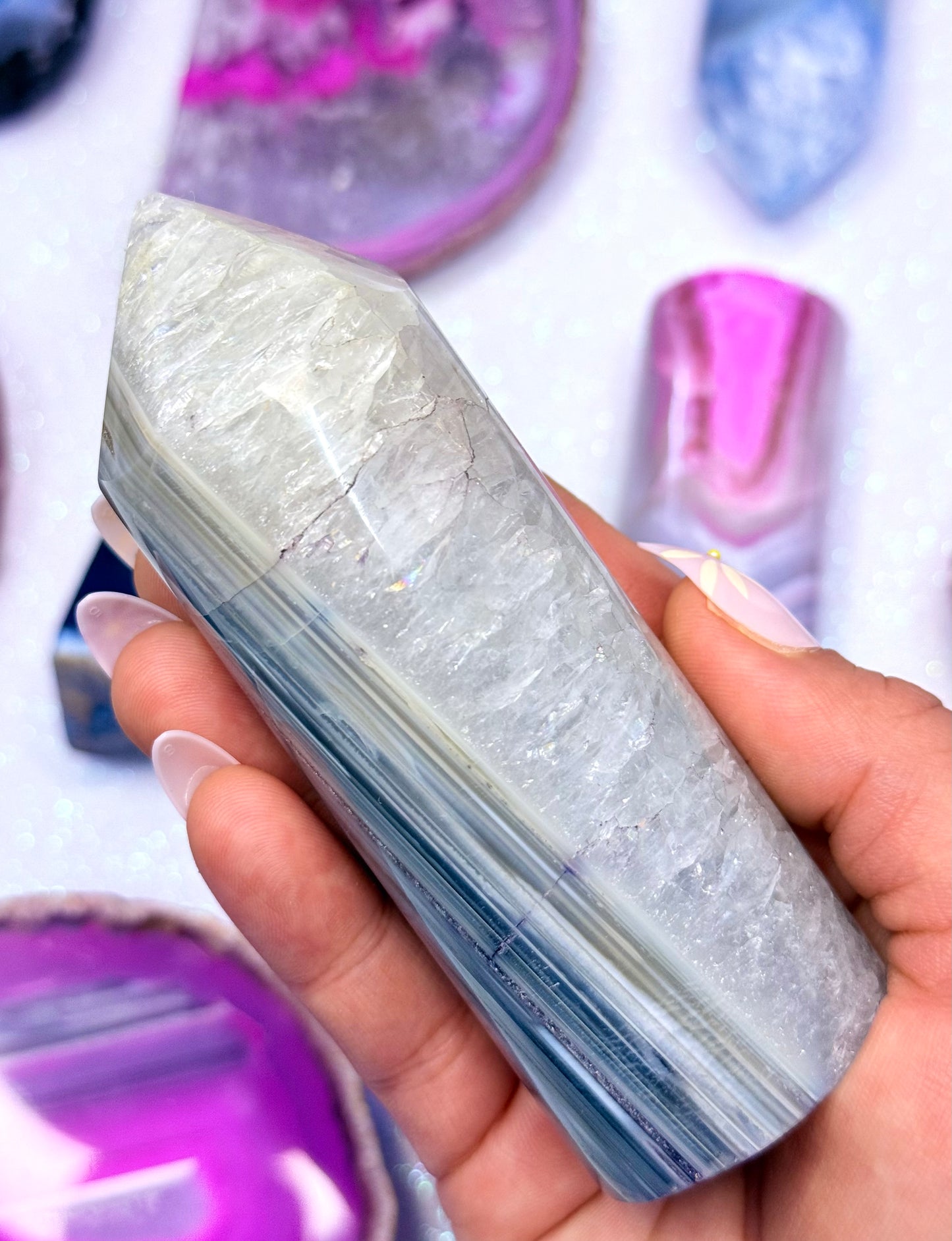 Blue Agate Point Tower Generator Natural Dyed Crystal  ‘Bodie’ 275g