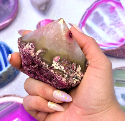 Pink Agate Basecut Freeform Standing Generator Tower Dyed Crystal ‘Phoenix’ 314g