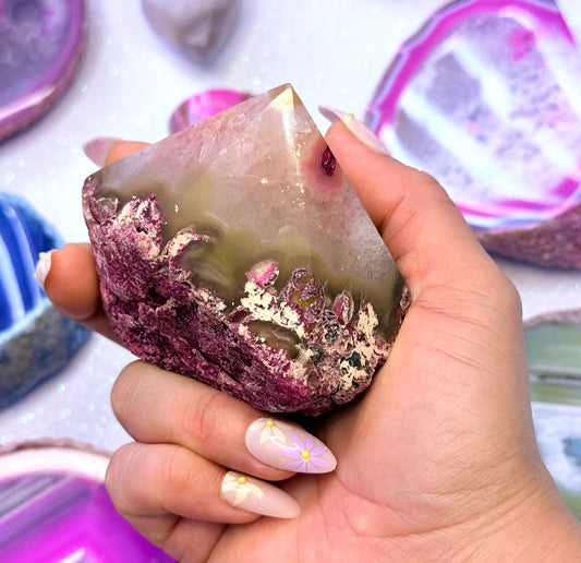 Pink Agate Basecut Freeform Standing Generator Tower Dyed Crystal ‘Phoenix’ 314g