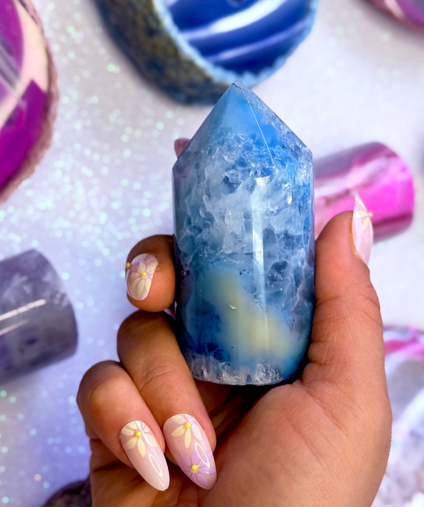 Blue and Yellow Agate Point Tower Generator Natural Dyed Crystal ‘Billie’ 177g