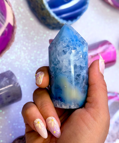 Blue and Yellow Agate Point Tower Generator Natural Dyed Crystal ‘Billie’ 177g